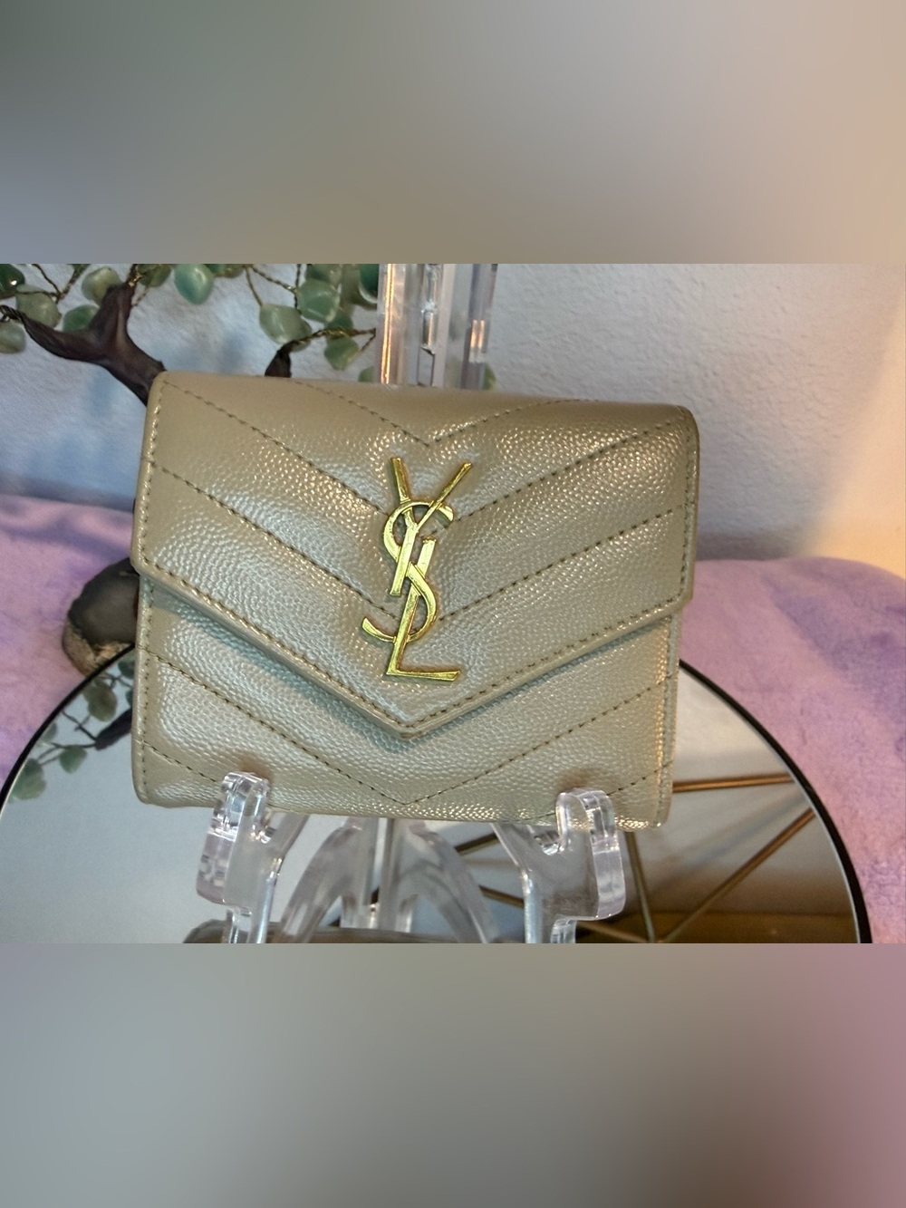 Saint Laurent Cassandre Compact Tri-Fold Wallet – Beige Leather